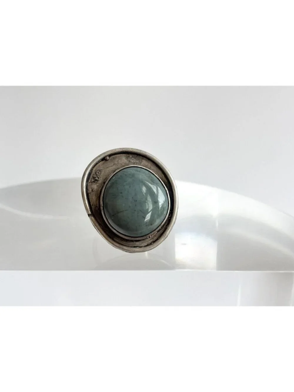 Modernist Freeform Green Agate Gemstone 800 Silver Vintage Ring - sz 9.25